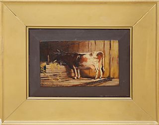 WENDELL MACY OIL ON DOOR PANEL "PORTRAIT OF A COW"