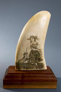 FINE LARGE WHALEMAN SCRIMSHAWED AND POLYCHROMED SPERM WHALE TOOTH