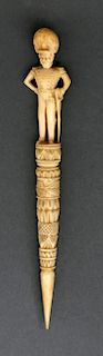 VERY FINE WHALER CARVED WHALE IVORY FIGURAL BODKIN