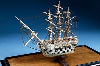 PRISONER-OF-WAR STYLE BONE AND IVORY TWO-TIER GUNBOAT
