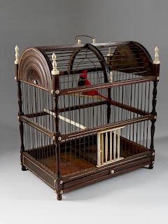 WHALEMAN MADE AMERICAN ROSEWOOD AND WHALEBONE SCRIMSHAW BIRD CAGE