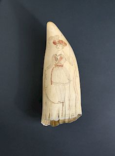 FINE LARGE WHALEMAN SCRIMSHAWED AND POLYCHROMED SPERM WHALE TOOTH