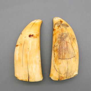 PAIR OF WHALEMAN SCRIMSHAWED AND POLYCHROMED SPERM WHALE TEETH