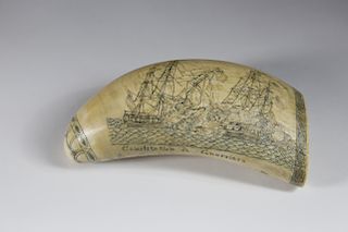 WHALEMAN SCRIMSHAW AND POLYCHROMED SPERM WHALE TOOTH DEPICTING THE NAVAL ENGAGEMENT OF THE "CONSTITUTION" AND THE "GUERRIERE"
