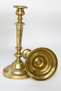 PAIR OF FRENCH ENGRAVED BRASS CANDLESTICKS