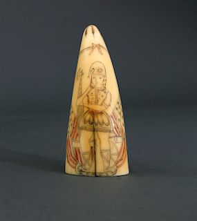  A FINE LADY LIBERTY WHALER SCRIMSHAW AND POLYCHROME WHALE TOOTH