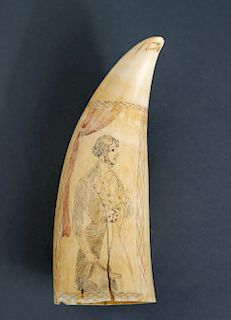 WHALEMAN SCRIMSHAWED AND POLYCHROME SPERM WHALE TOOTH