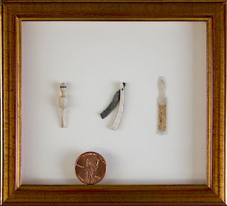 FRAMED SET OF THREE MINIATURE IVORY SHAVING IMPLEMENTS