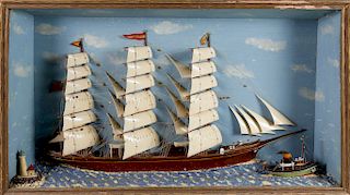 AMERICAN SHADOW BOX OF A 3-MASTED CLIPPER SHIP