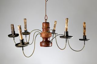AMERICAN WOOD AND TIN SIX-LIGHT CHANDELIER 