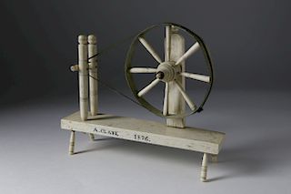 RARE WHALEBONE AND TIN SPINNING WHEEL MODEL, INSCRIBED "A. CLARK 1876"