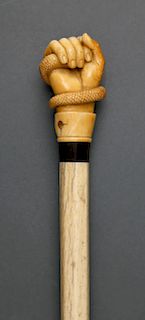  FINE WHALER CARVED WHALE IVORY AND WHALEBONE WALKING STICK