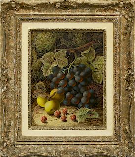 OLIVER CLARE OIL ON CANVAS "STILL LIFE OF GRAPES, RASPBERRIES AND PLUMBS ON A MOSSY BANK"