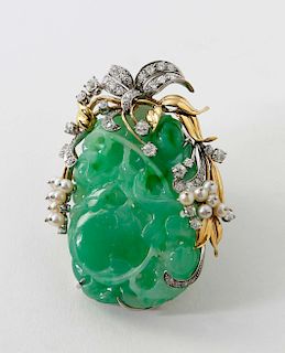 VINTAGE 18K YELLOW AND WHITE GOLD DIAMOND ACCENTED JADEITE BROOCH ATTRIBUTED TO PAUL FLATO