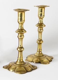 PAIR OF SIGNED GEORGE GROVE (FL. 1748-1768) ENGLISH QUEEN ANNE BRASS CANDLESTICKS