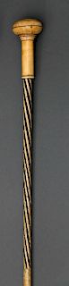 WHALER MADE WHALE IVORY AND PAINTED WHALEBONE LADY'S WALKING STICK