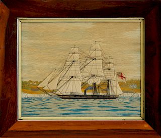 ENGLISH SAILOR'S WOOLWORK "PORTRAIT OF A THREE-MAST STEAM SAIL SHIP"