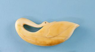 WHALEMAN CARVED WHALE IVORY STUDY OF A PREENING SWAN