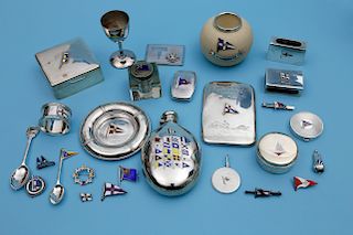 GROUP OF STERLING SILVER AND SILVER PLATED ENAMEL SIGNAL FLAG AND BURGEE DECORATED ARTIFACTS