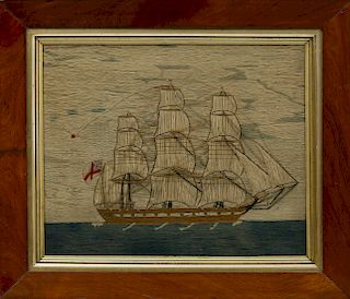 ENGLISH SAILOR'S WOOLWORK "PORTRAIT OF A BRITISH FRIGATE"
