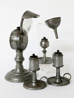 COLLECTION OF FIVE AMERICAN PEWTER LIGHTING DEVICES