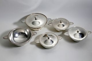 GROUP OF FIVE CHRISTOFLE, ERCUIS AND BLANC FRENCH SILVER PLATE COVERED NAUTICAL DECORATED TUREENS