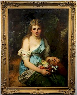 Signed, 19th C Painting of Young Girl with Flowers