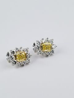 Pair of Platinum Yellow & White Diamond Earrings