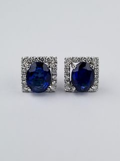 Pair of 18K White Gold Sapphire & Diamond Earrings