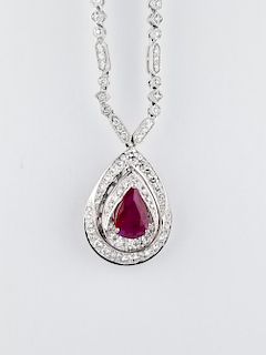 18K White Gold Diamond & Ruby Pendant Necklace