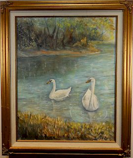 Elizabeth Rohn, 20th C. Painting of Swans