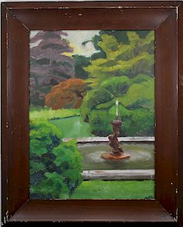 American School, 20th C. Painting of a Fountain
