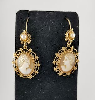 Pair of 14K Gold Cameo & Pearl Earrings