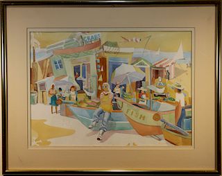 Rowena Smith, 20th C. Watercolor of a Fish Market