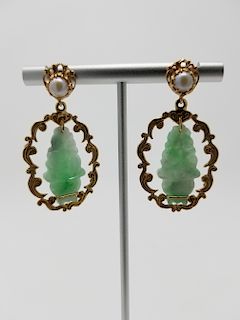 14K Gold, Pearl & Jade Earrings