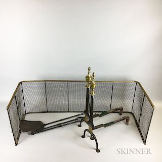 Pair of Brass and Iron Urn-top Knife-blade Andirons, a Shovel, Tongs, and Firescreen.  Estimate $400-600