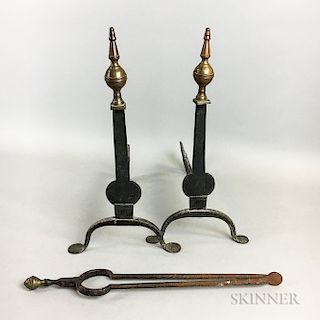 Small Pair of Belted Ball-top Knife-blade Andirons and a Pair of Tongs