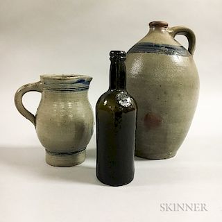 Stoneware Gin Jug, Pitcher, and a Green Glass "Middle Temple" Bottle