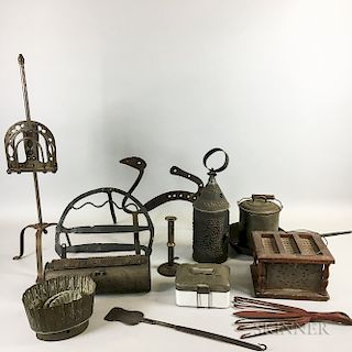 Group of Wrought and Sheet Iron and Tin Hearth Items.  Estimate $250-350