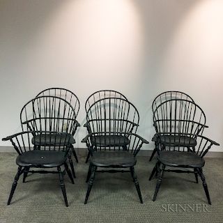 Set of Six James Brown Black-painted Sack-back Windsor Chairs