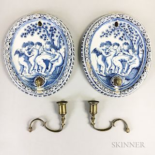 Pair of Delft Ceramic and Brass Wall Sconces