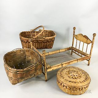 Three Woven Splint Baskets and a Toy Bed.  Estimate $200-250