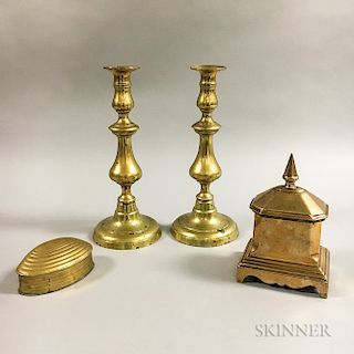 Two Brass Candlesticks and Two Brass Boxes