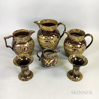 Six Pieces of Staffordshire Brown and Yellow Transfer-decorated Tableware