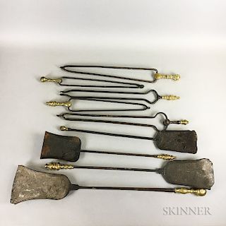 Nine Turned Brass and Iron Fireplace Shovels and Tongs.  Estimate $100-200