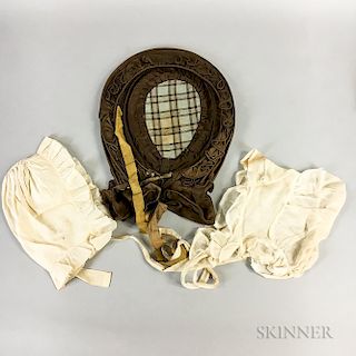 Brown Silk Bonnet and Two Caps.  Estimate $150-250