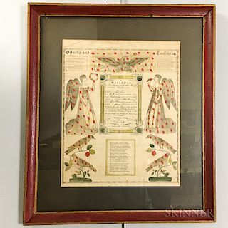 Framed Birth and Baptismal Fraktur Print with Watercolor Accents