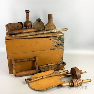 Group of Carved and Turned Wood Utilitarian Items and a Chest.  Estimate $300-500