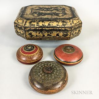 Chinese Export Lacquered Box and Three Paint-decorated Opium Boxes.  Estimate $150-250