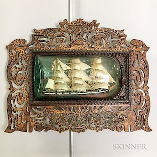Ship in a Bottle with Tramp Art Frame